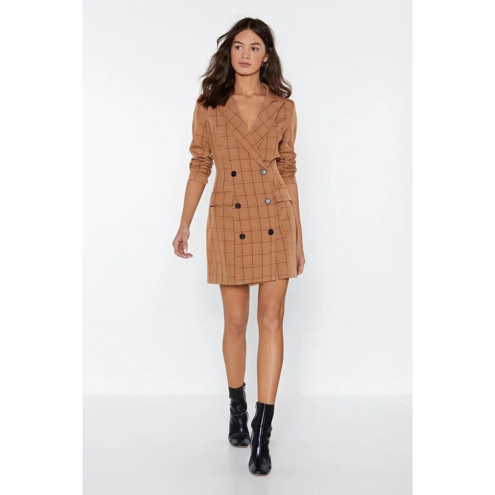 Nasty Gal Tan Plaid Double Breasted Blazer Mini Dress Women’s Size 8